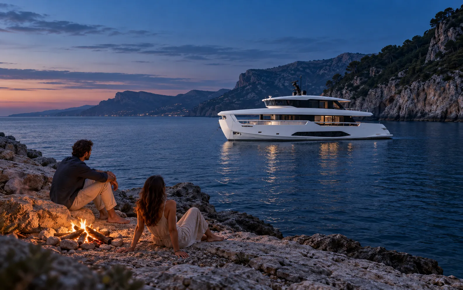 Ferretti INFYNITO 90 at anchor in calm water at dusk, seen in profile