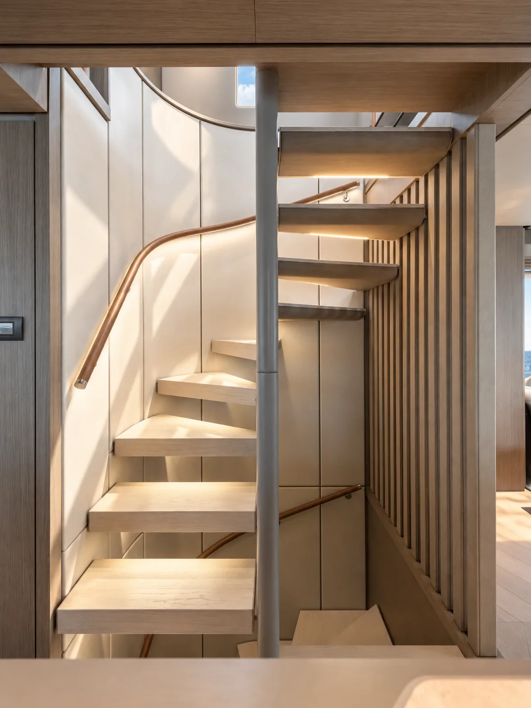 Curved oak staircase with a glass balustrade and slatted timber screen