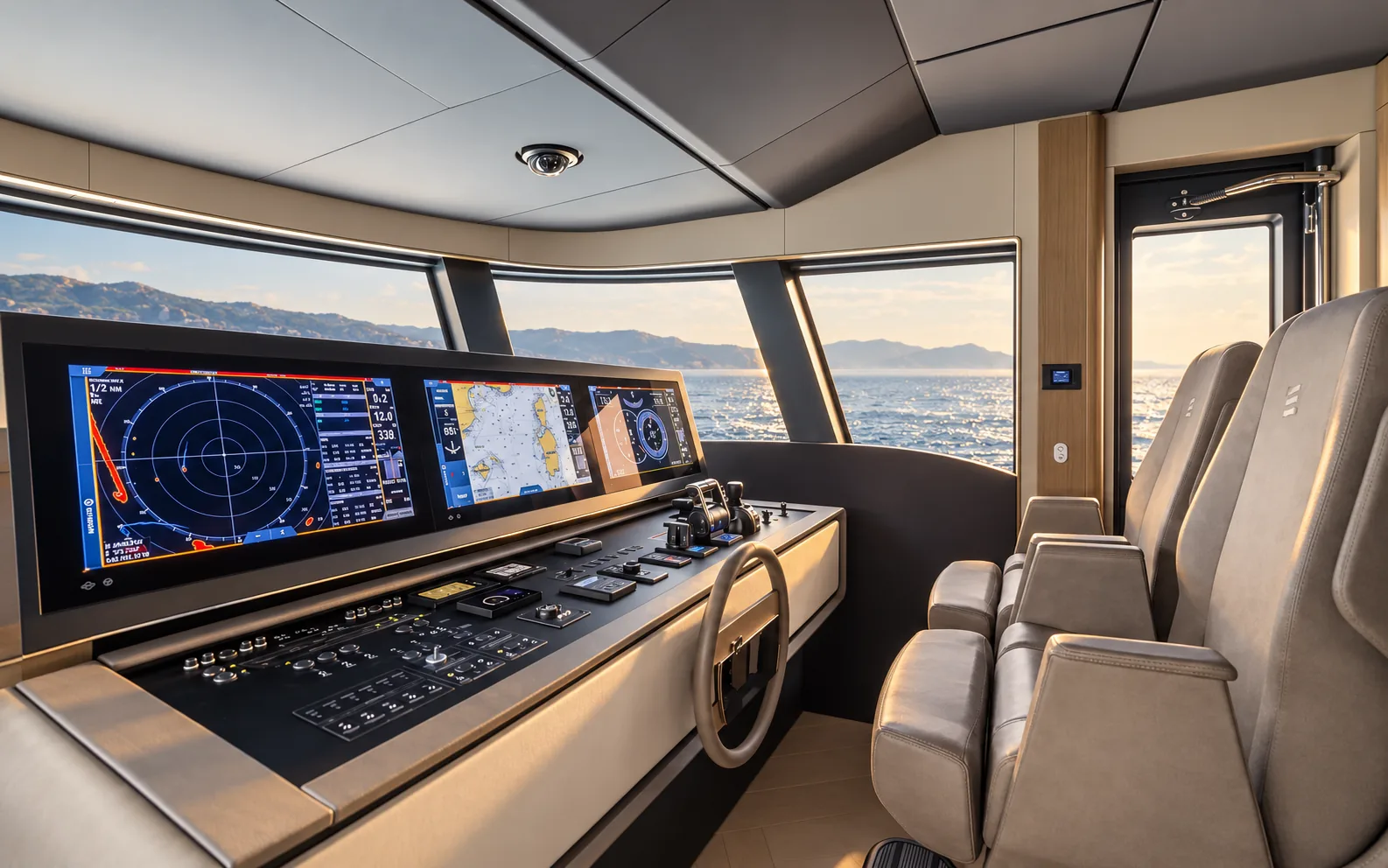 Wheelhouse with navigation displays, helm controls and forward sea views