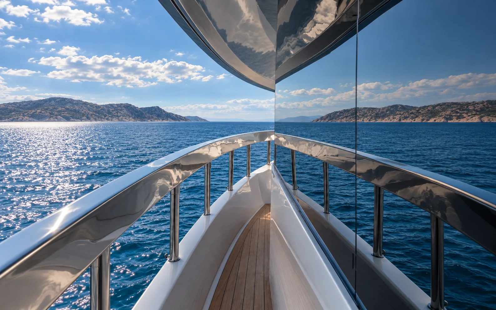 Side decks reflected in the glass towards the bow