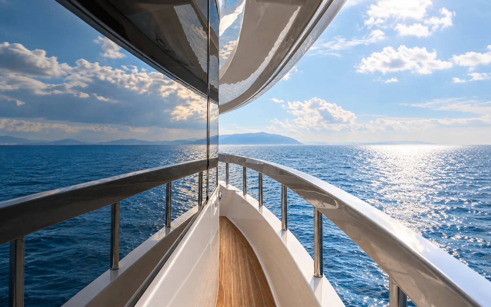 Sea and sky reflected in the superstructure along the side deck