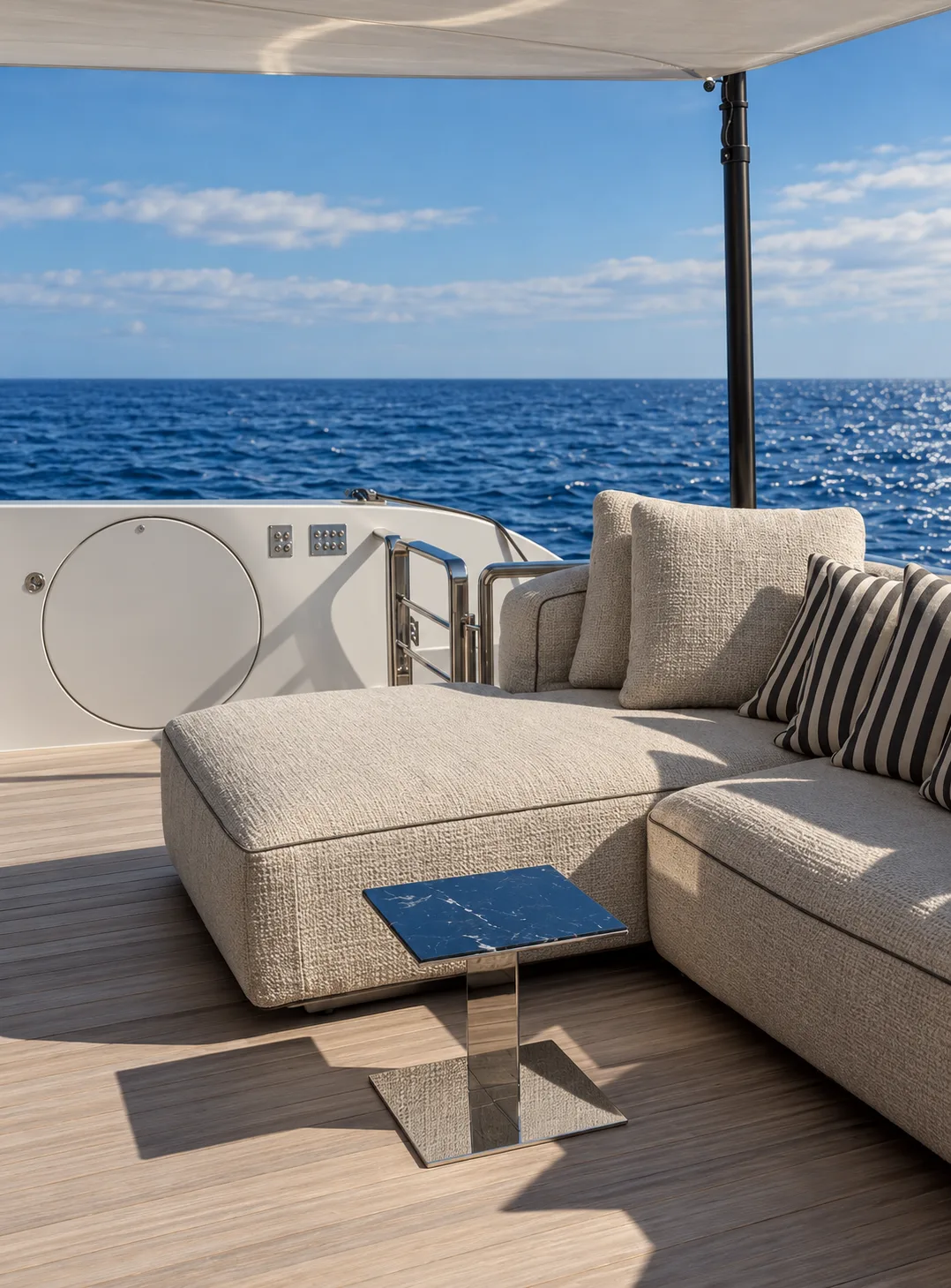 Lounge seating at the bow with a low table