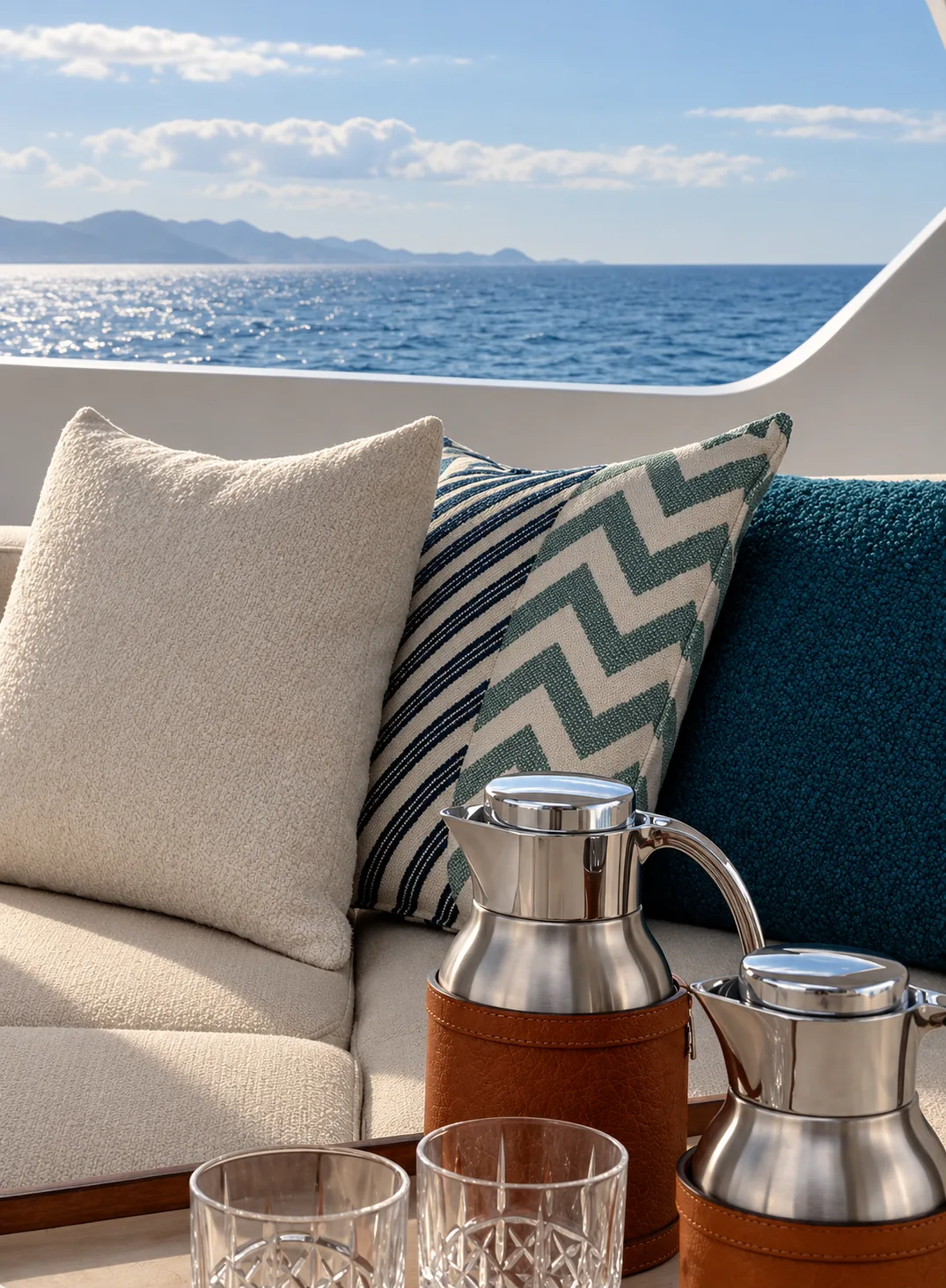 Cushioned seating with a thermos and glasses
