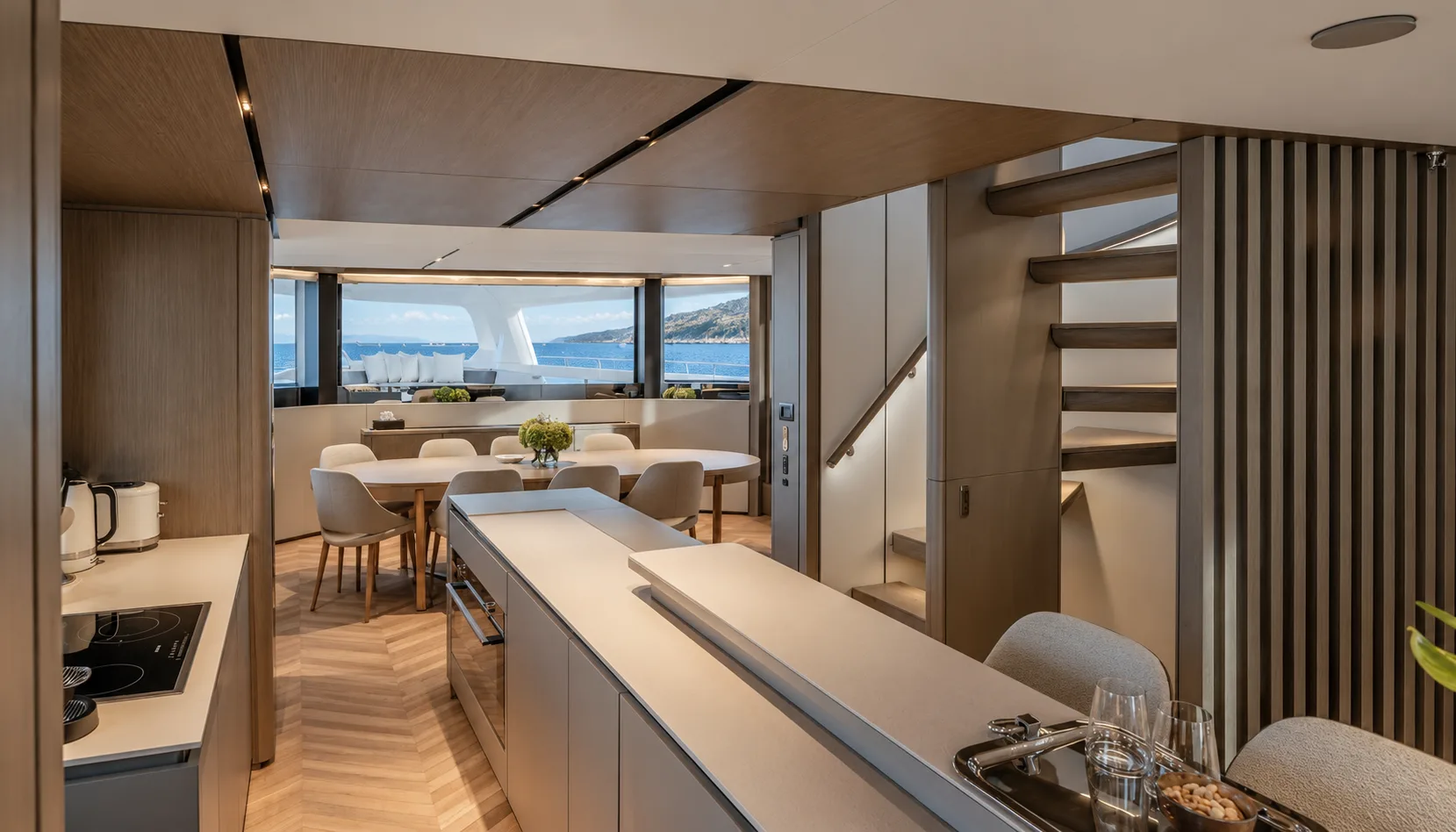 Galley island with the dining table and the sea beyond