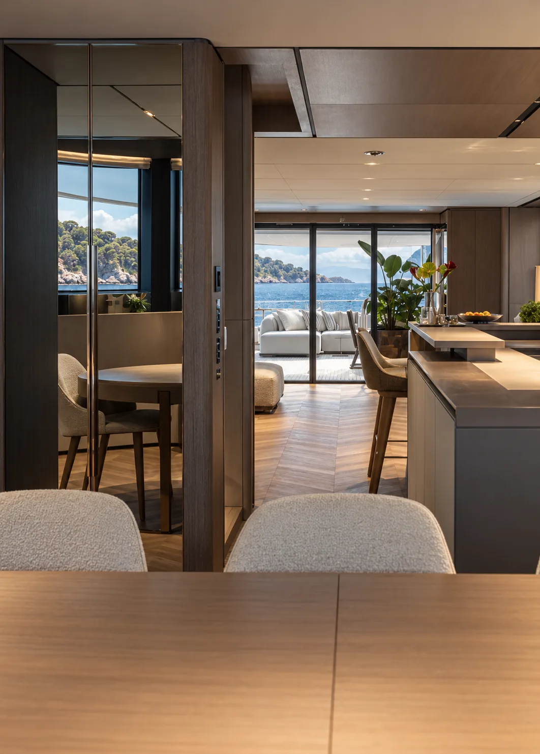 View past the slatted screen into the dining area