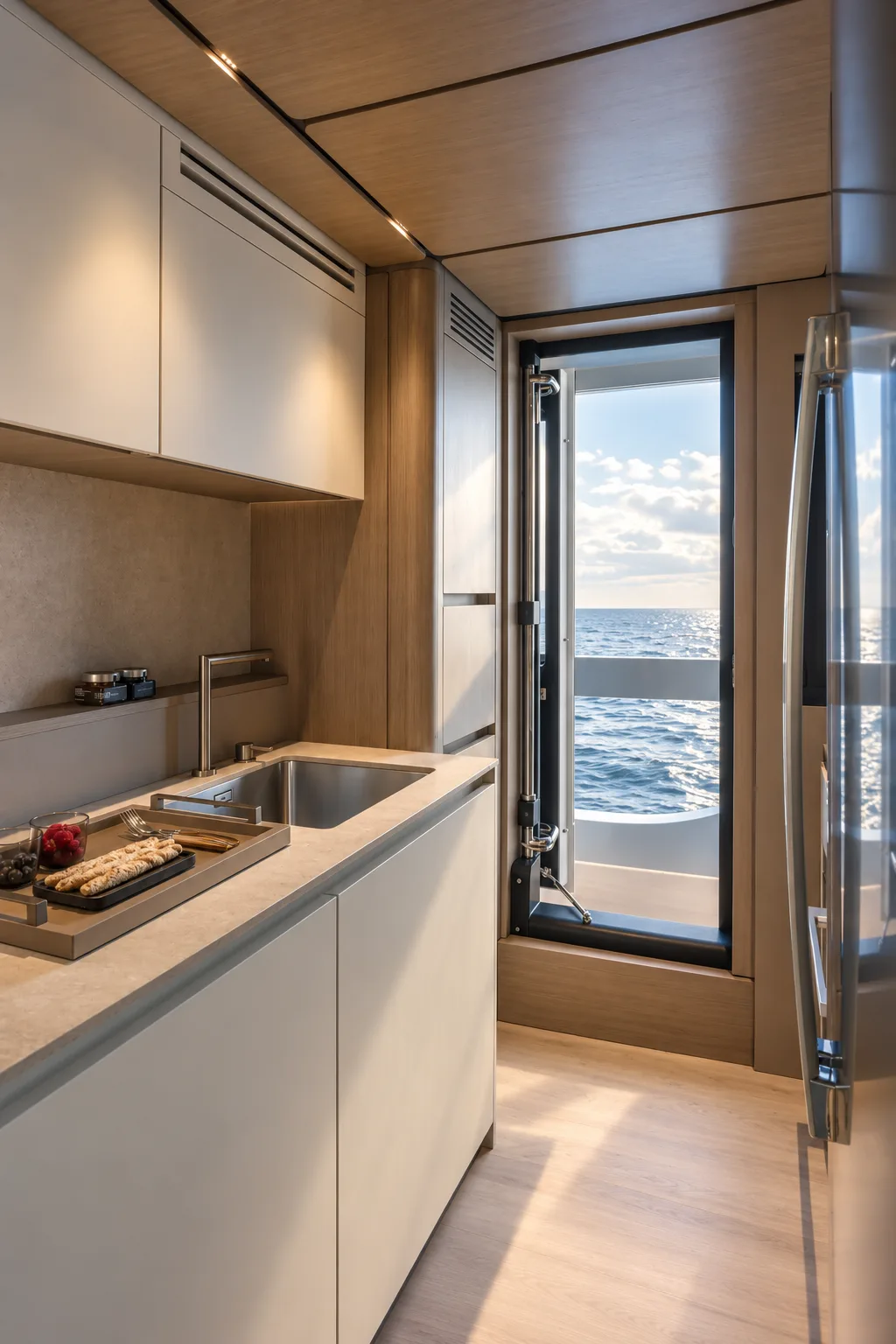 Galley corner with tall cabinets beside a window