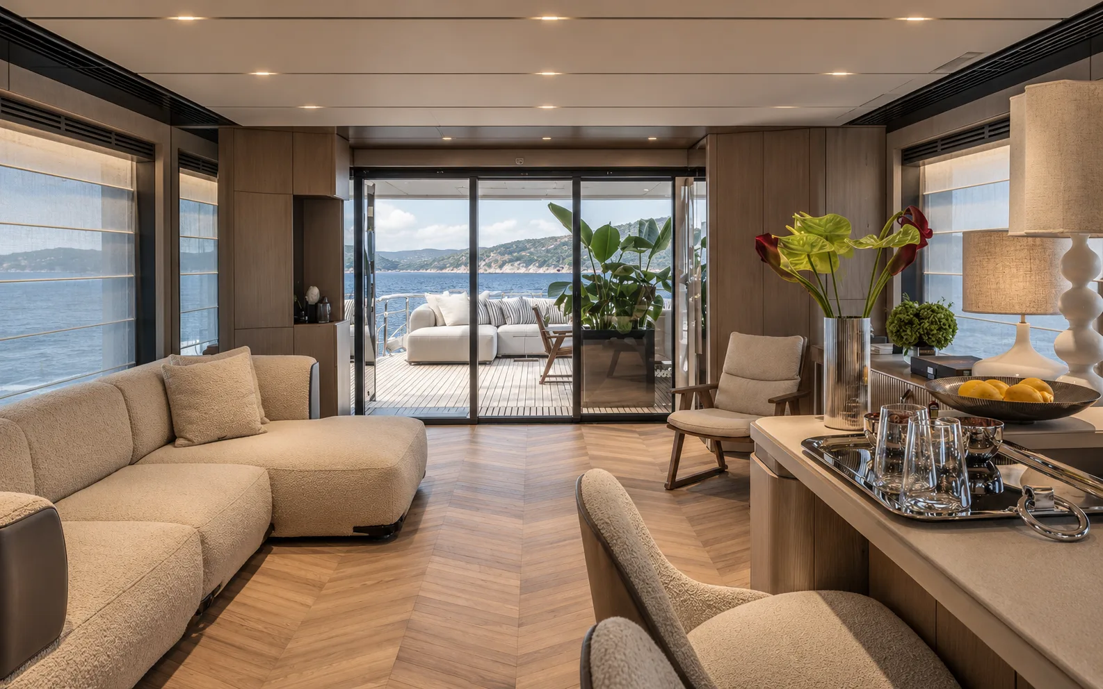 Saloon looking aft through the glass doors to the deck