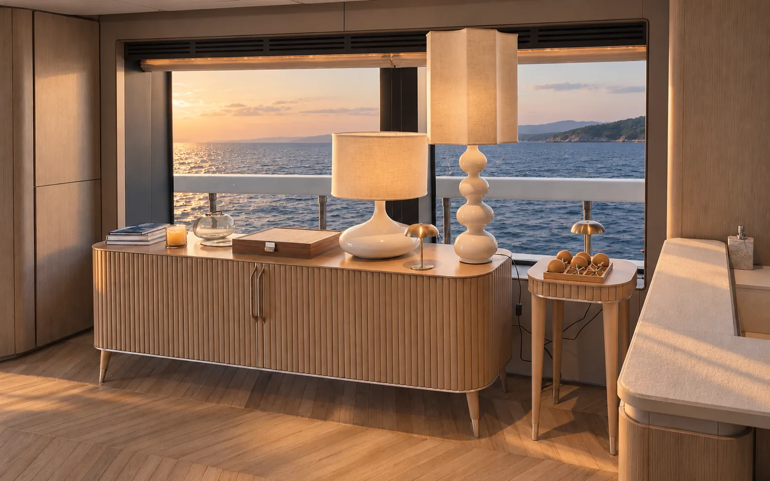Fluted oak sideboard with lamps in the evening light