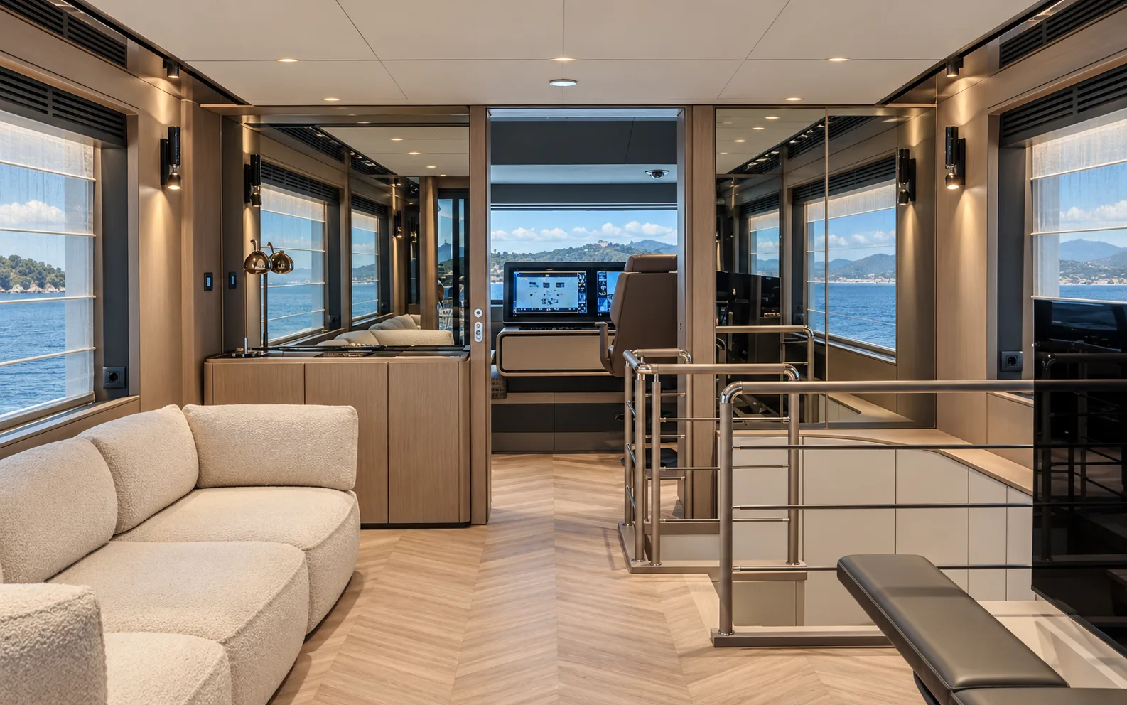 Upper saloon with a sofa beside the stair opening