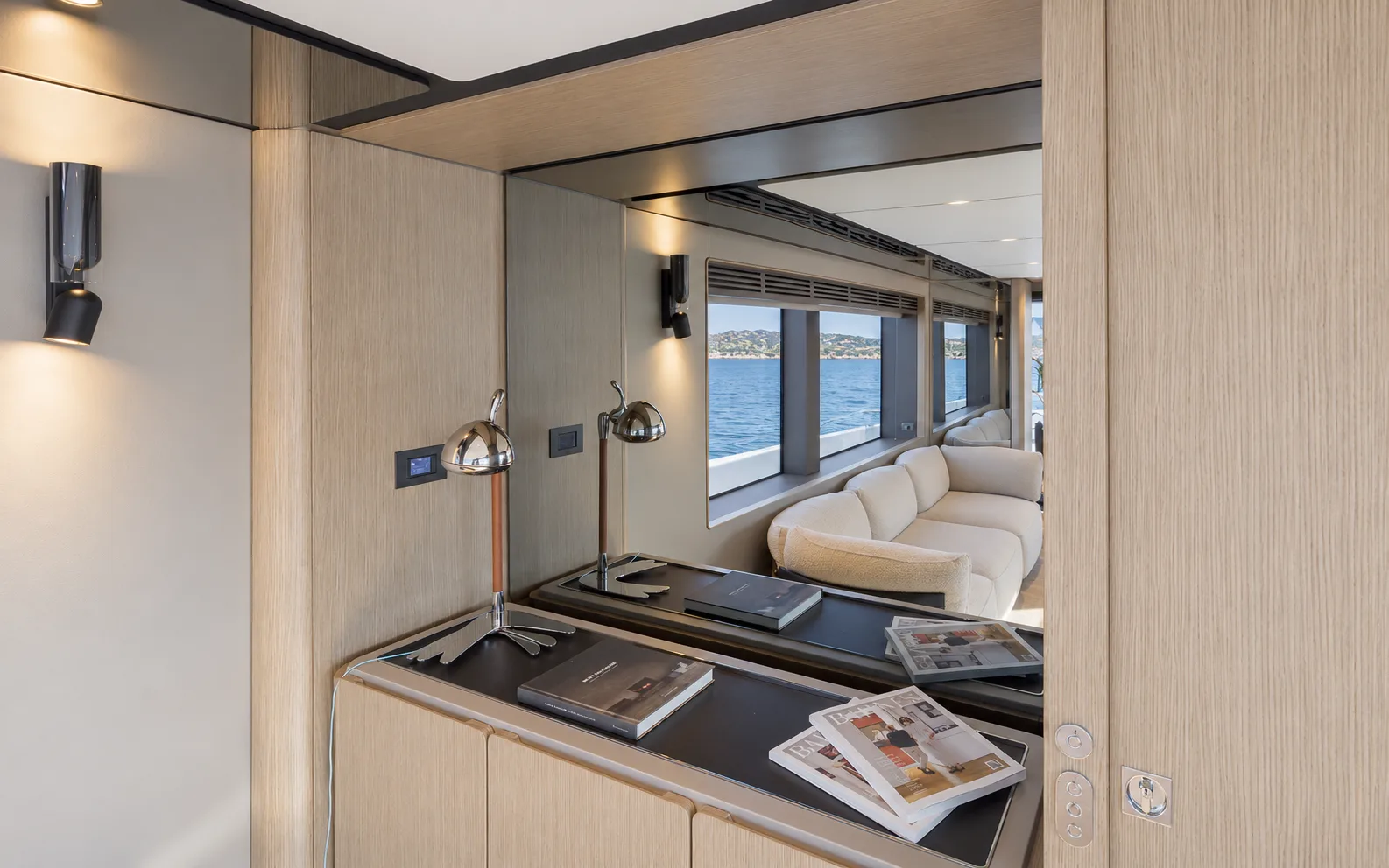 Counter in the upper saloon below a window