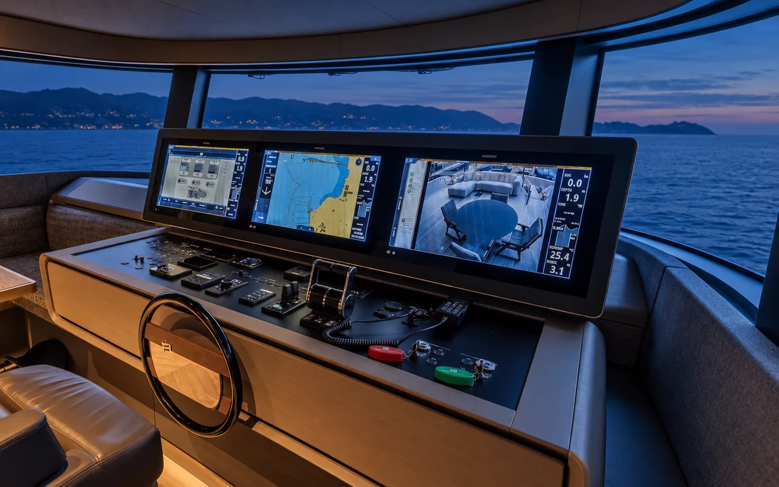 Helm at dusk with the chart displays lit