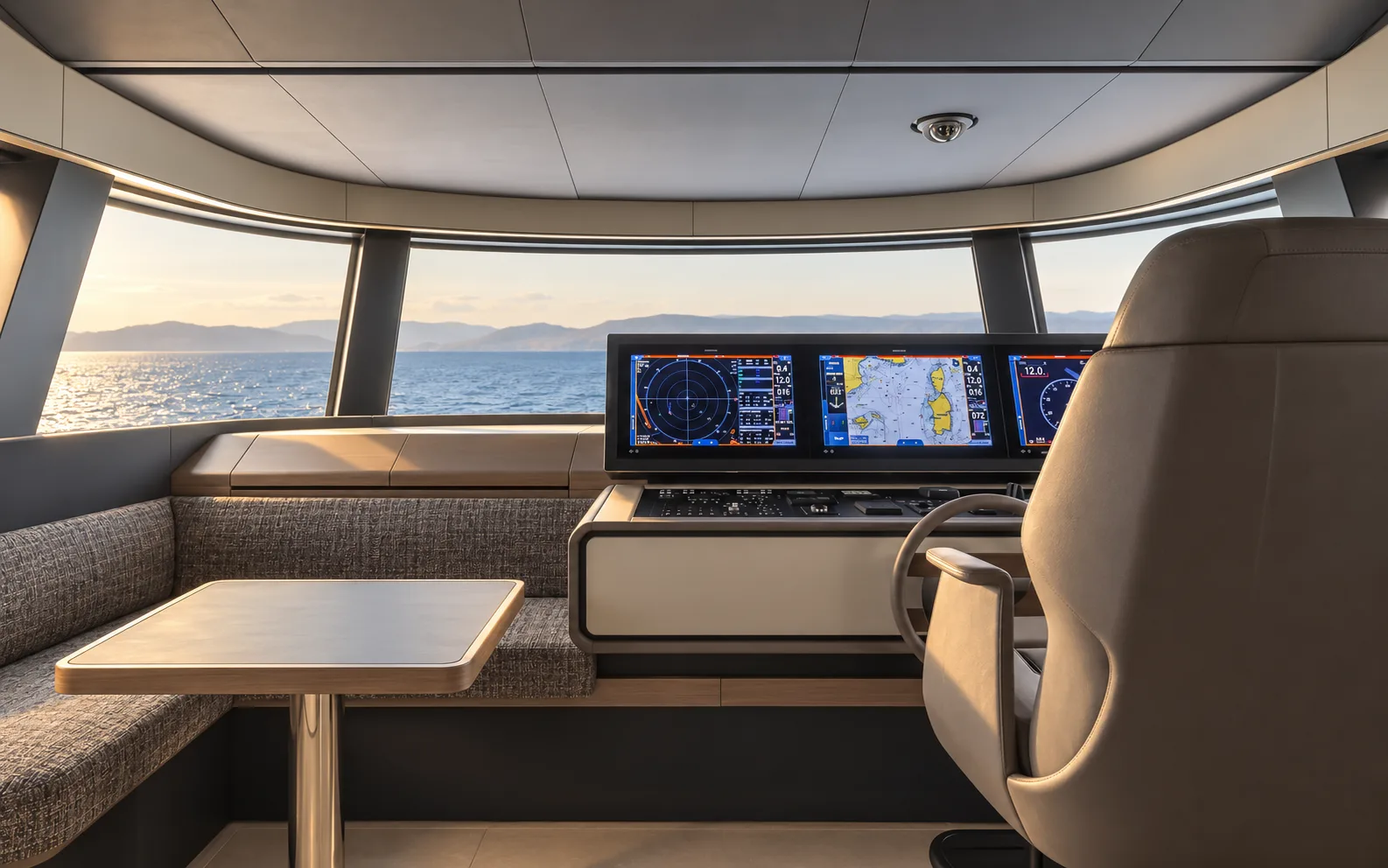 Wheelhouse with the pilot seat and a table