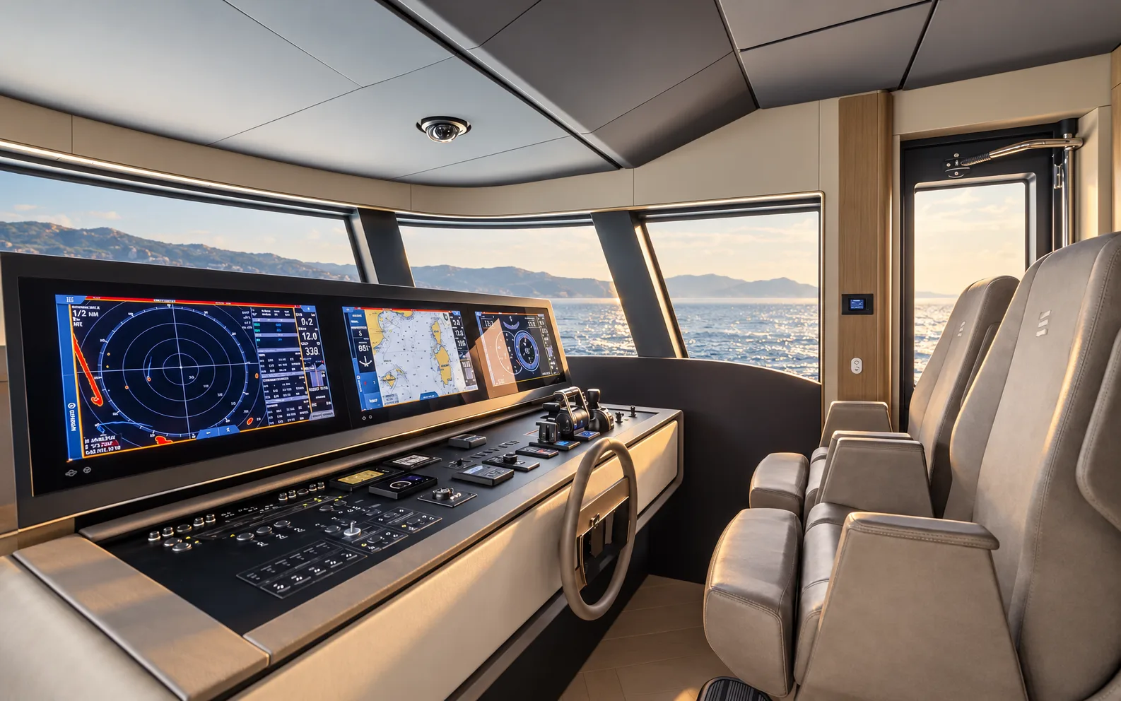Helm console with radar and navigation displays