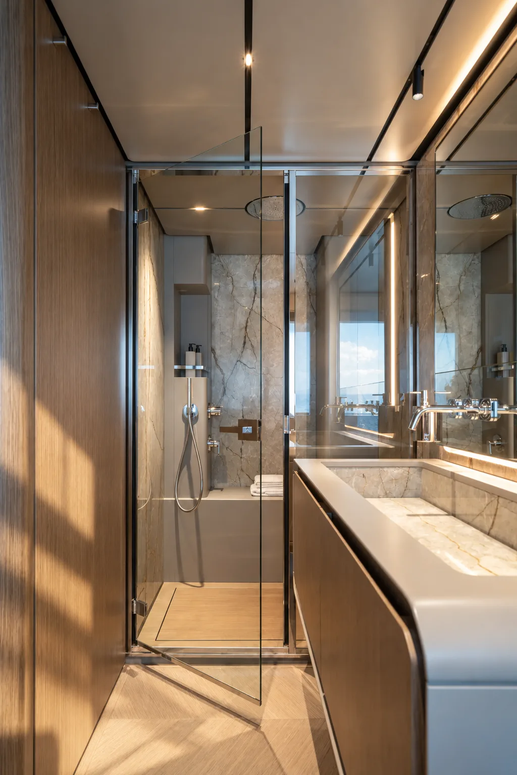 Bathroom with a glass shower and a vanity