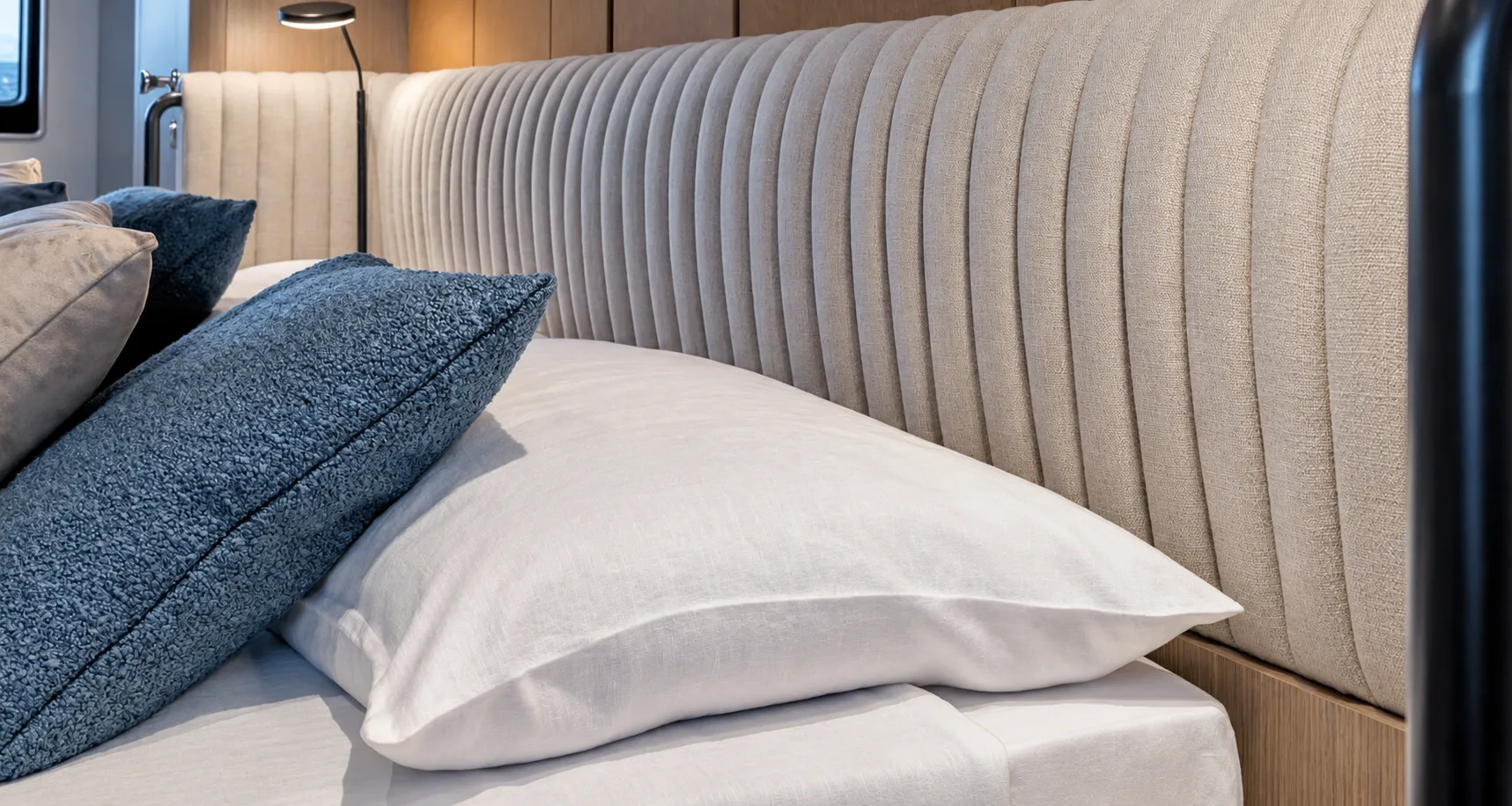 Channel-quilted headboard and pillows