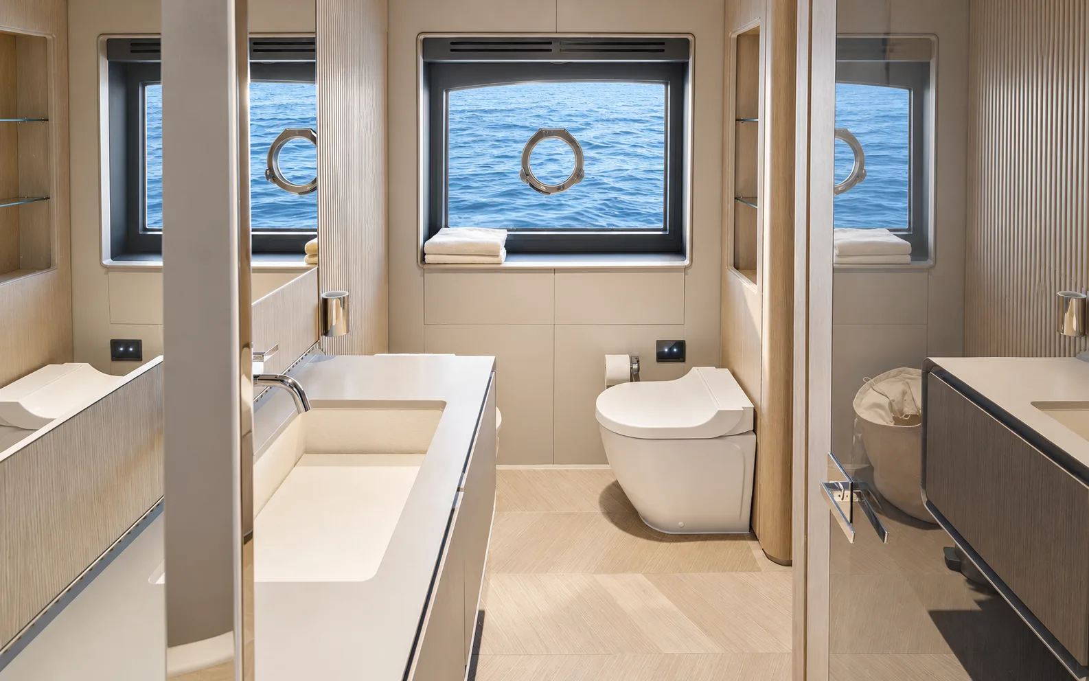 Bathroom vanity beneath a hull window