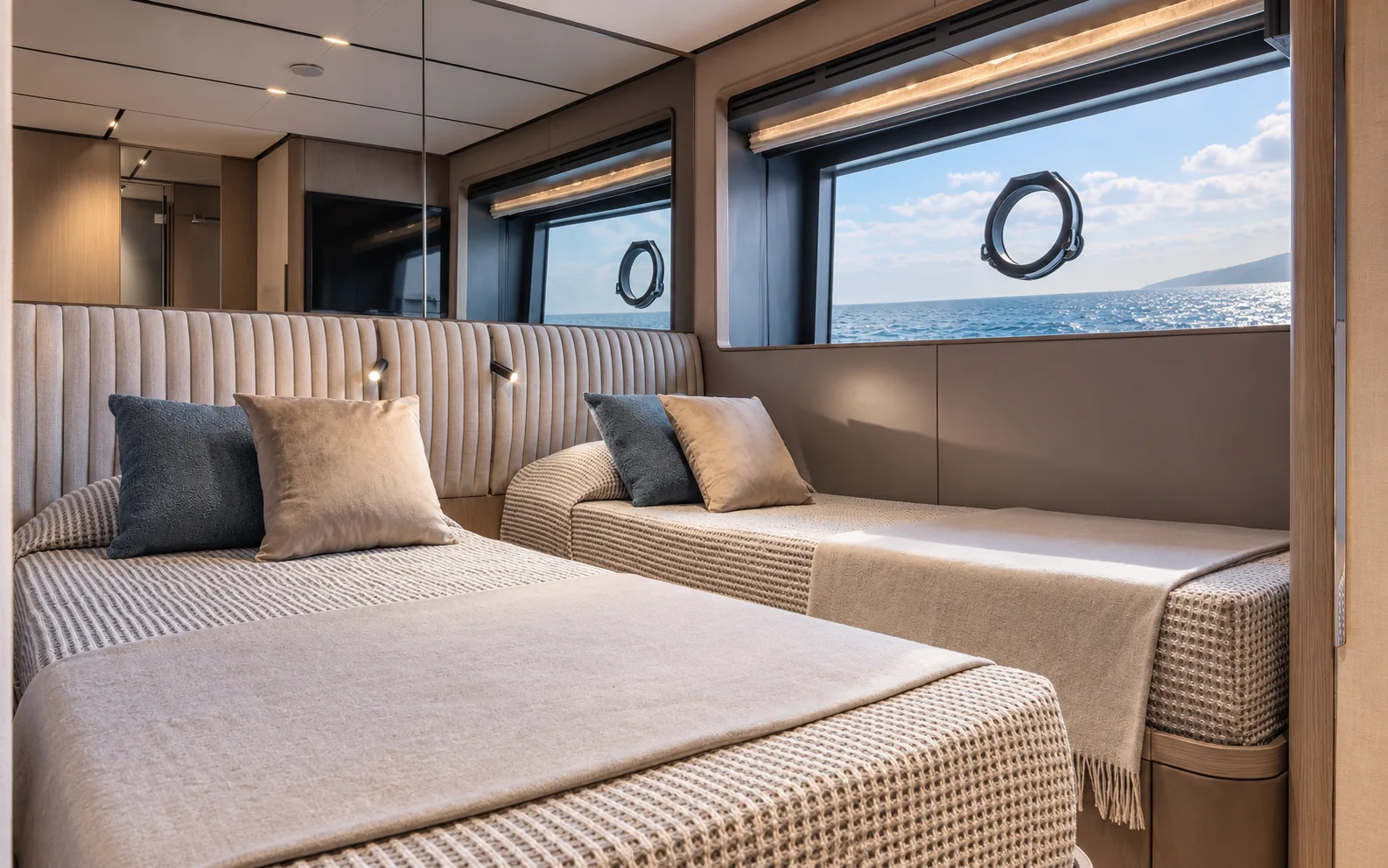 Guest cabin with hull windows above the berths