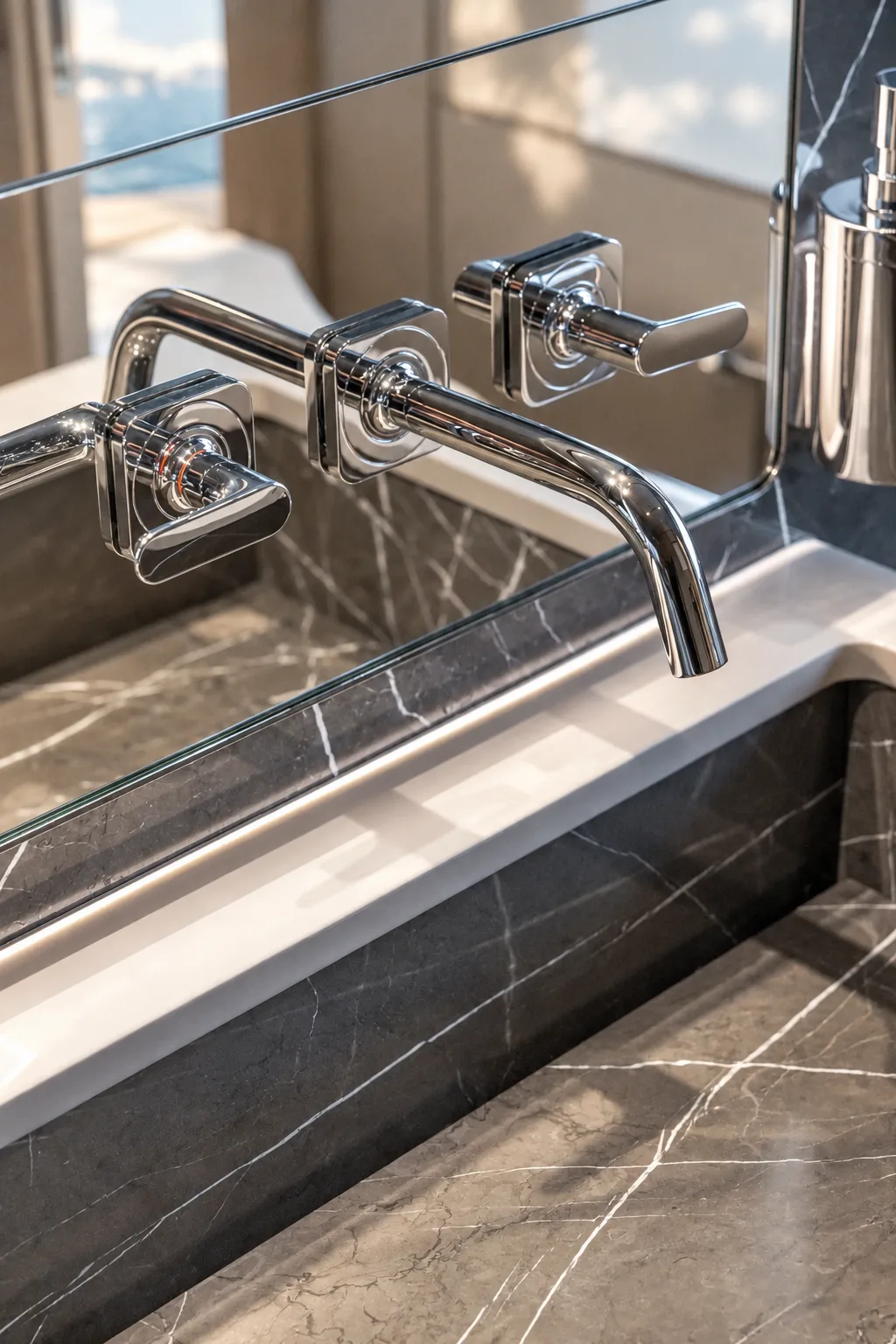 Basin and taps in dark stone